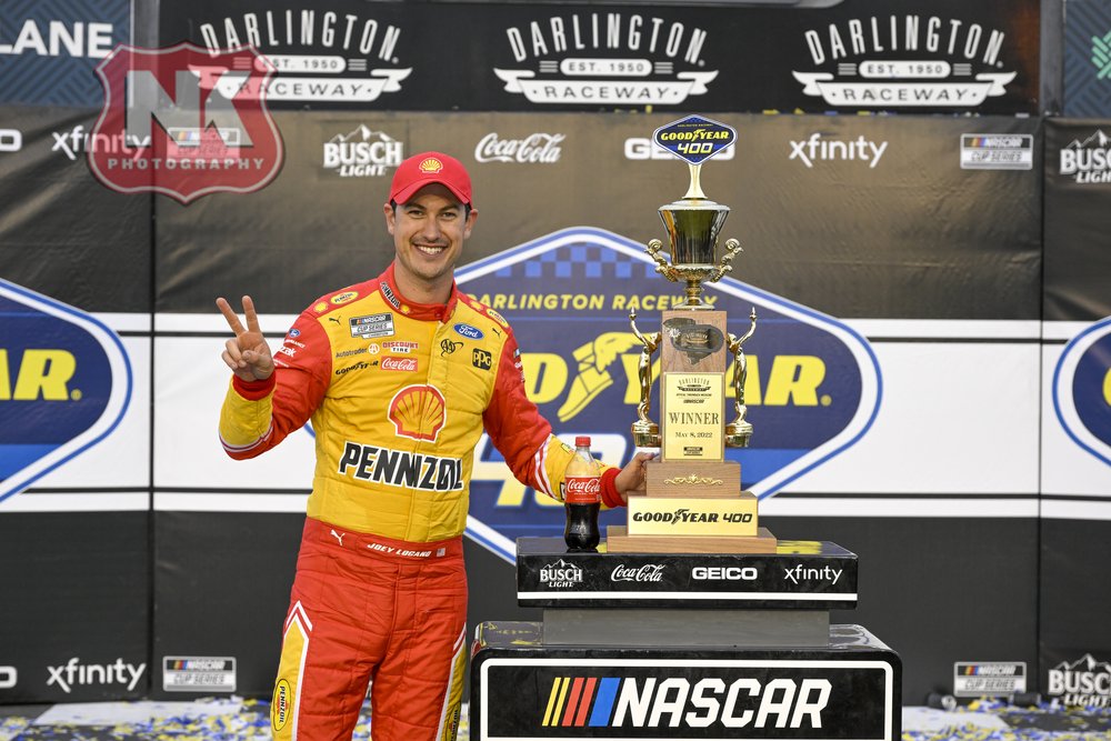 #22: Joey Logano, Team Penske, Shell Pennzoil Ford Mustang in Victory Lane during the NASCAR Cup Series  Goodyear 400 at Darlington Raceway