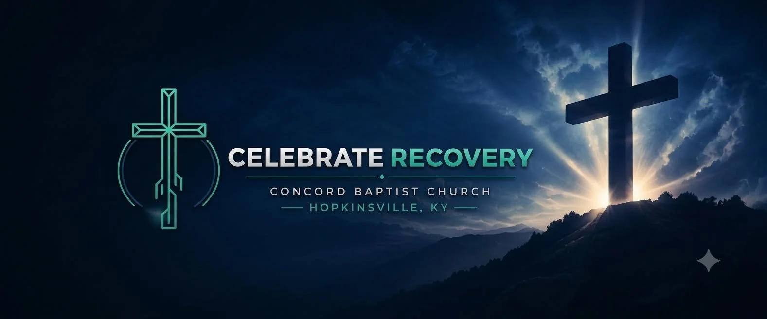 Celebrate Recovery at Concord Baptist Church in Hopkinsville, KY, with a cross against a blue evening sky.