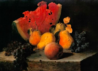 Still Life with Watermelon, Pears, and Grapes oil on canvas, Lily Martin Spencer, American artist, 1860