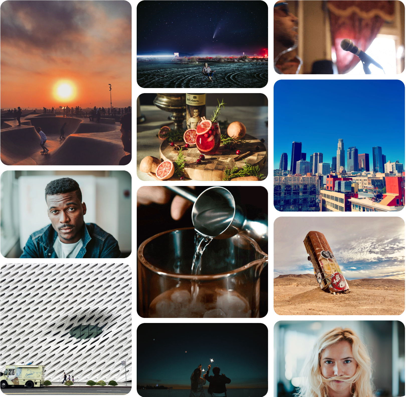 A collage of various scenes including a skatepark at sunset, a night sky with a comet, a woman singing into a microphone, a city skyline, a young man looking at the camera, a cocktail on a wooden board, a cup being filled with water, a desert with an abandoned train, a woman with blonde hair, and people watching fireworks.