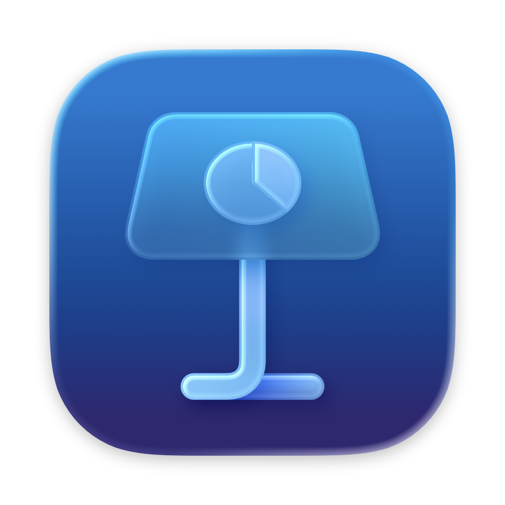 The app icon for Apple's Keynote which features an illustration of a speaker's pedestal containing a pie chart in the center of the surface of the pedestal. All in various tones of blue.