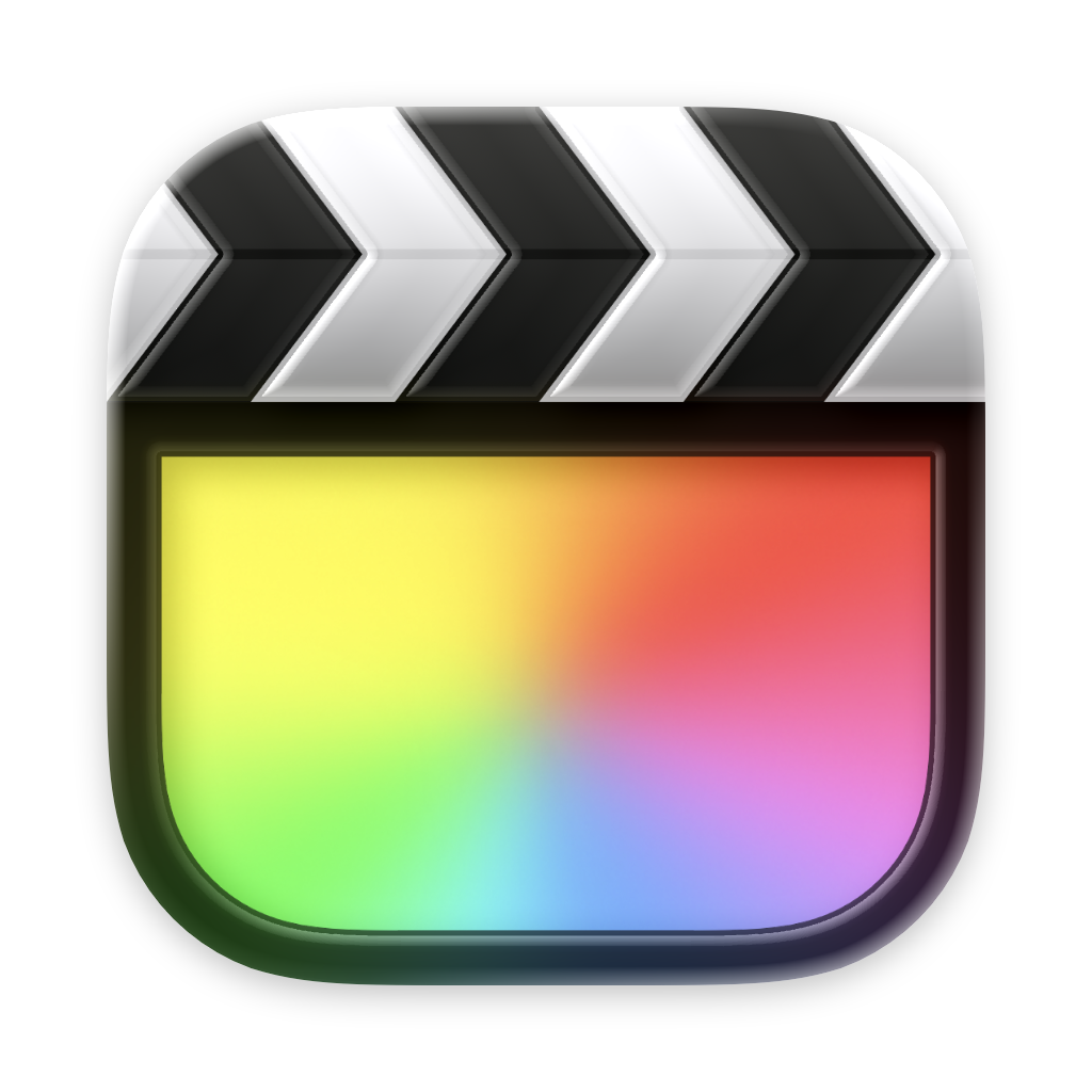 Final Cut Pro icon resembling a film clapperboard with a colorful rainbow palette in the lower section.