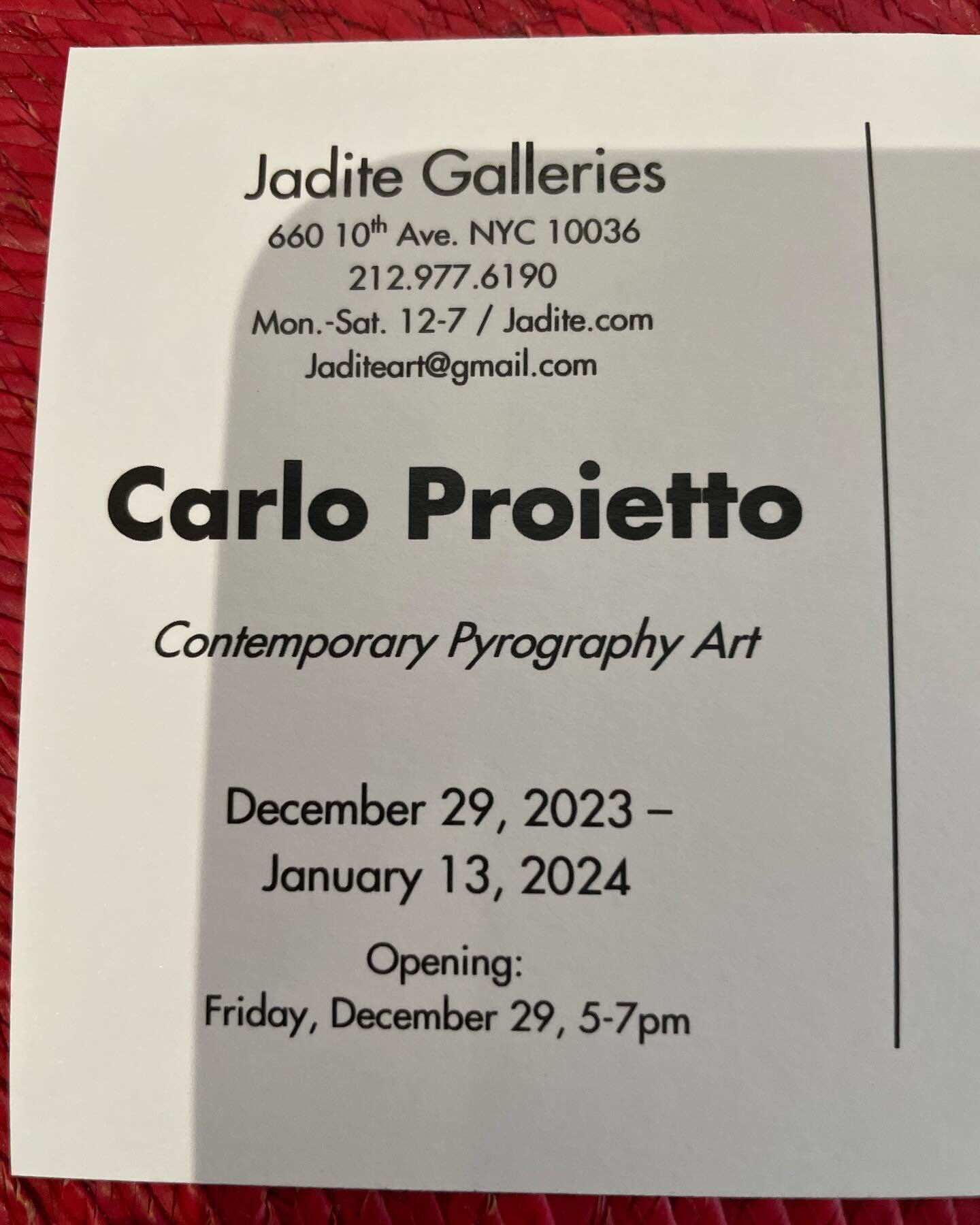 Carlo Proietto solo exhibition at Jadite Galleries, Manhattan,NYC - Contemporary Pyrography Art. The show runs till February 10, 2024