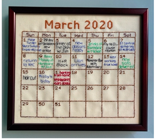 March 2020: When the world locked-down, $400
 
Stitched area 9.25” x 10.5”