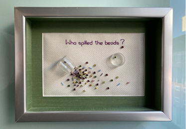Who Spilled the Beads?, $300
 
Stitched area 5” x 7”