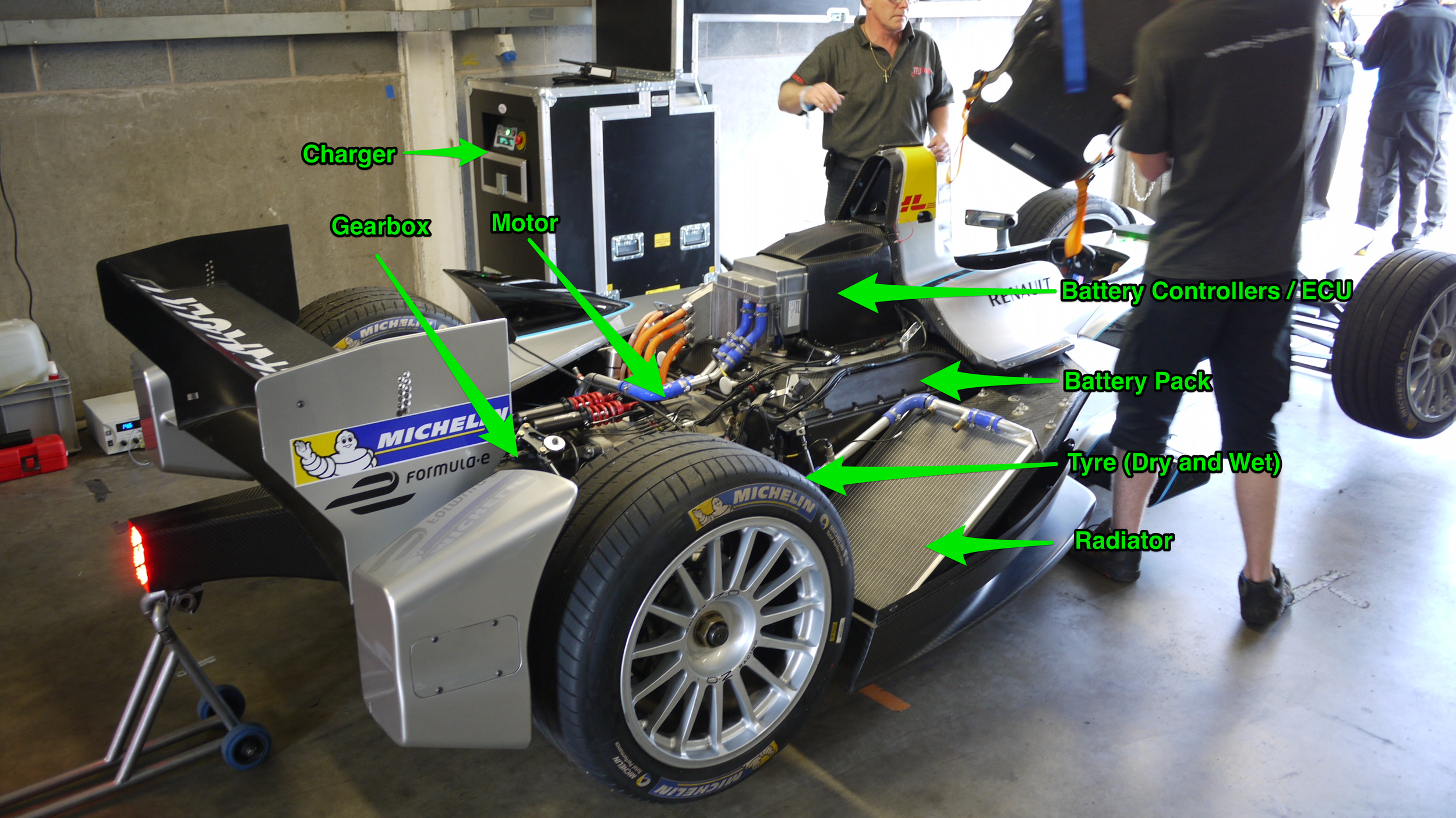Annotated FormulaE car. This is the Qualcomm-liveried development car used by the formula for testing new maps and parts.