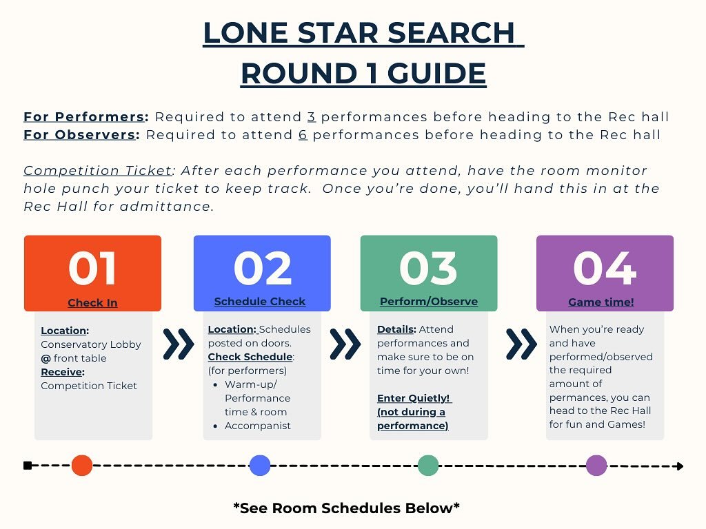Lonestar Search is TONIGHT!!! Here’s a guide for how tonight’s round will go👀
We can’t wait to see everyone’s solos🎤🎭🩰🎵🥁🎺🎉