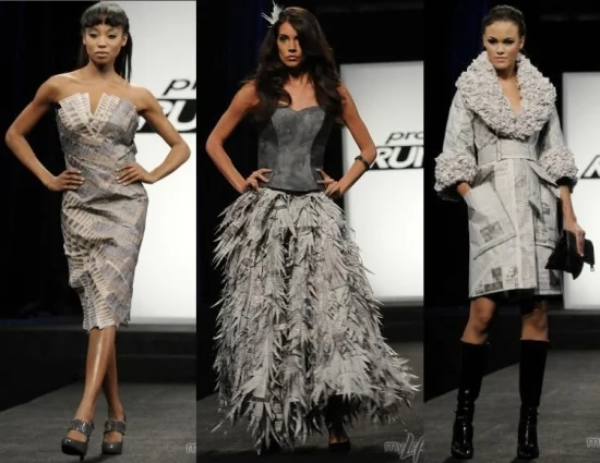 above: Newspaper dresses from the TV show Project Runway ( img source ) below: Lady Gaga "bubble dress" designed by Hussein Chalayan ( img source )