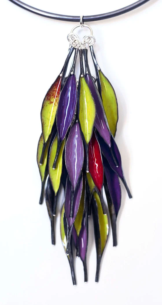 Pod Cluster Neckpiece, 2013 Materials: copper, enamel, sterling silver, forged copper neckwire Size: Pod Cluster: 7” long x 4” wide x 2” deep (not including neckwire: 7.5” long, 7” wide) Retail Price: $950.00