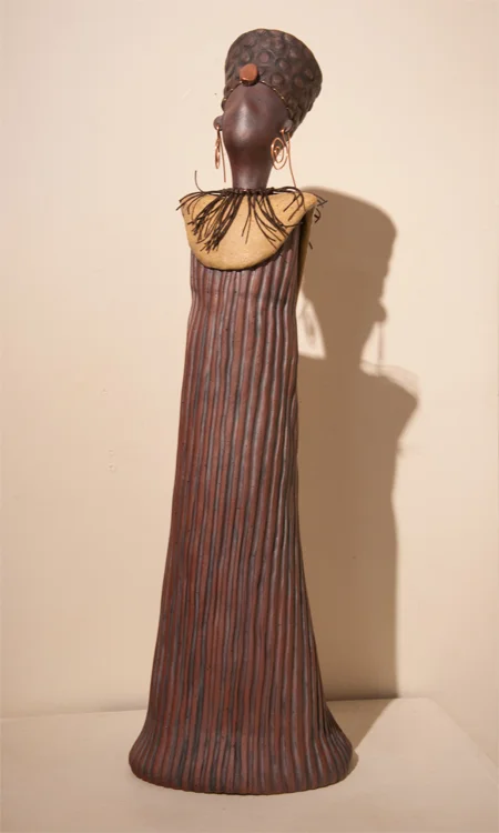 Tall Queen Stoneware, slips, stains, glaze, copper & brass wire, beads 16” high x 5” diameter at base $200 – SOLD 