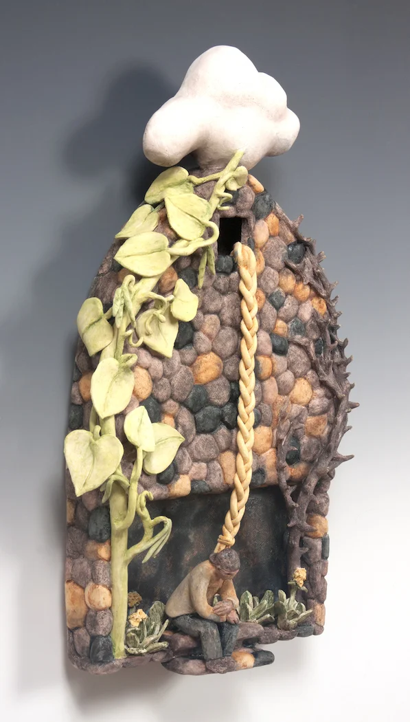 Dilemma Stoneware, underglaze, patinas, glaze 13” high x 9” wide $400