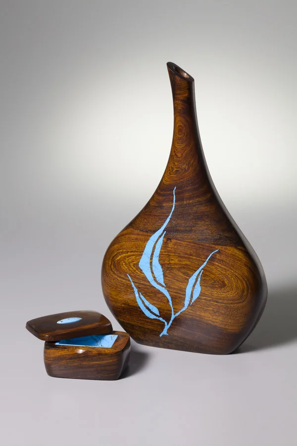 Vase with Leaves and Small Box Desert ironwood inlaid with turquoise Vase 14“ x 9” x 3”; Box 4” x 3” x 2” Vase $450; Box $200