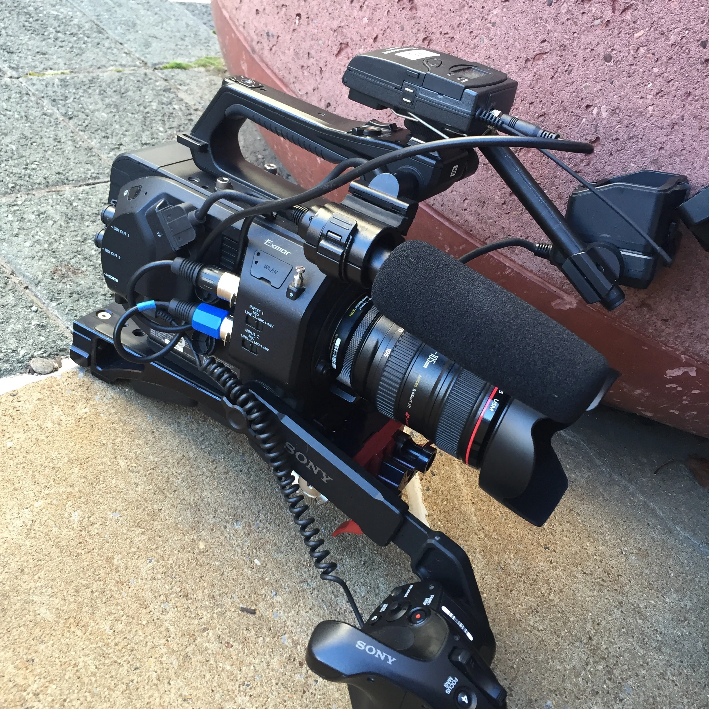 My rig for the St. Jude Memphis Marathon: The Sony FS7 complete with the included hand grip and EVF, along with an optional Shape shoulder rig, Metabones EF to E-mount adapter and Canon 24-105mm f4.0 lens.