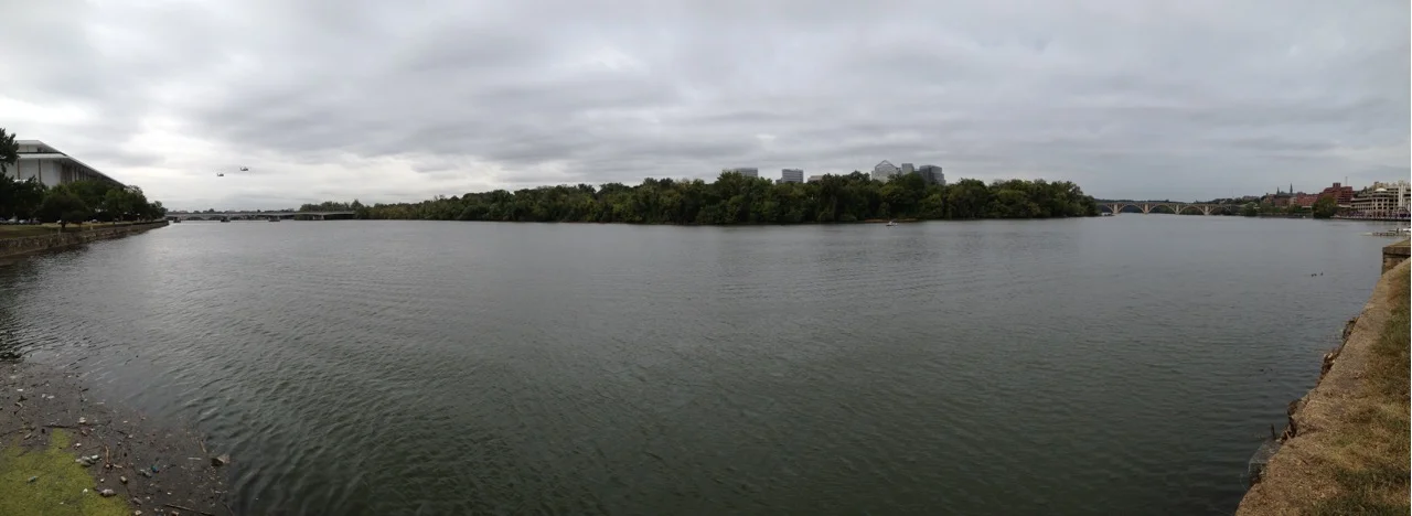 (L-R): Kennedy Center & trash, Theodore Roosevelt Island, Key Bridge & Georgetown.