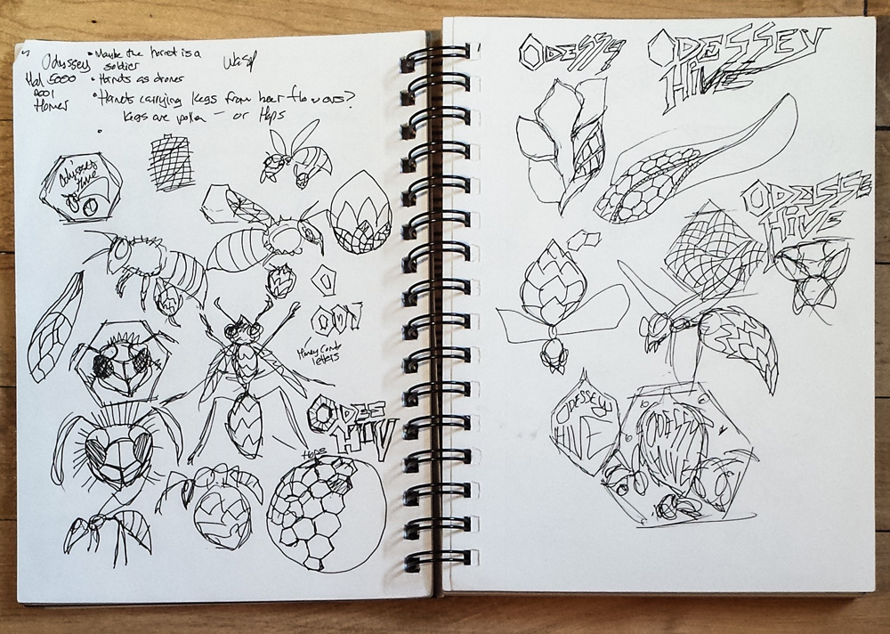 Not really finding a theme yet. Just exploring honeycomb shapes, hop cones and random bees.