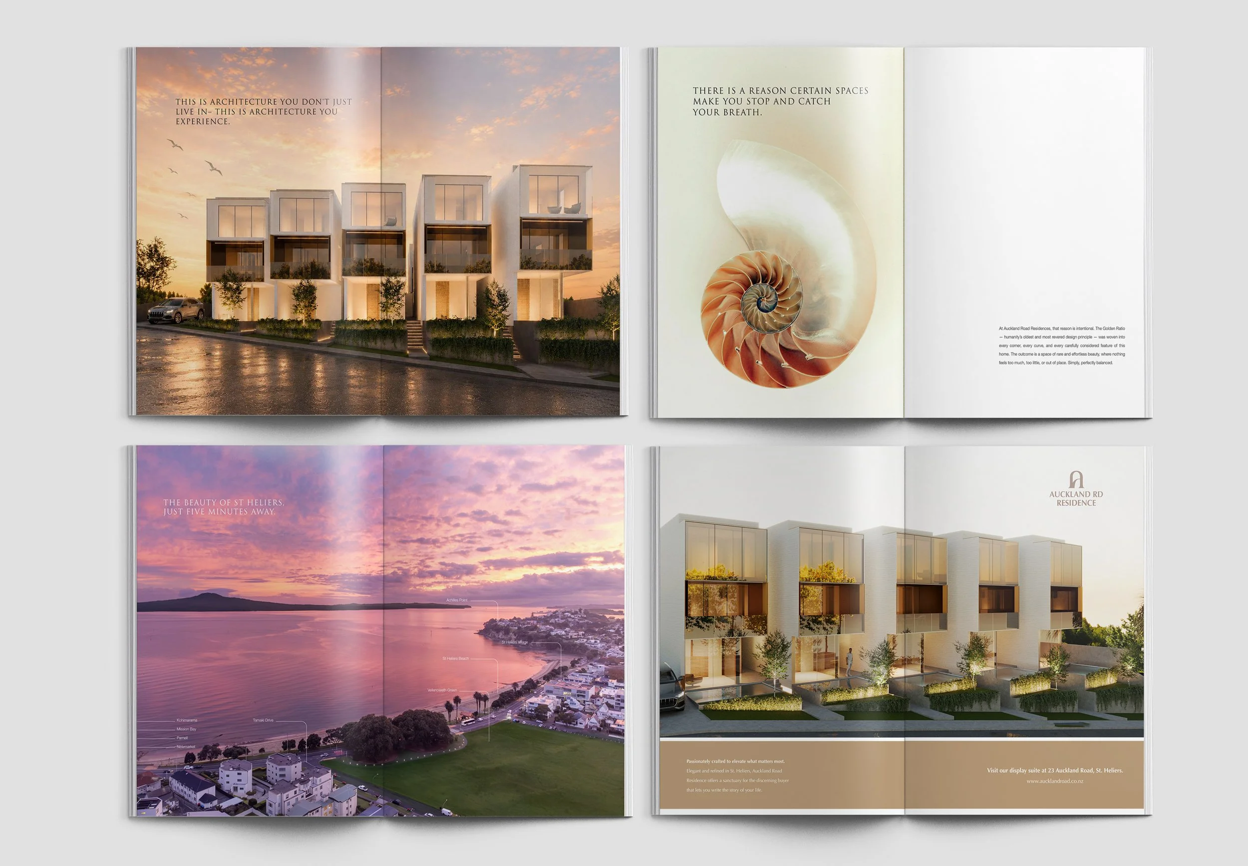 Open architecture magazine spread featuring images of modern residential buildings, sunset views, and interior design with text about architecture and living experiences.