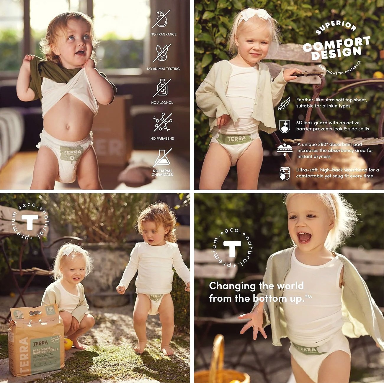 A collage of images featuring young children wearing eco-friendly, chemical-free reusable diapers in outdoor settings. The images highlight the diapers' features such as no fragrance, no animal testing, no alcohol, no parabens, and no harsh chemicals