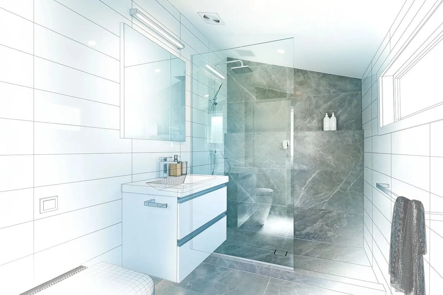 A modern bathroom with a glass shower enclosure, white vanity with a sink, mirror, and toiletries, and white tiled walls and gray tiled shower area.