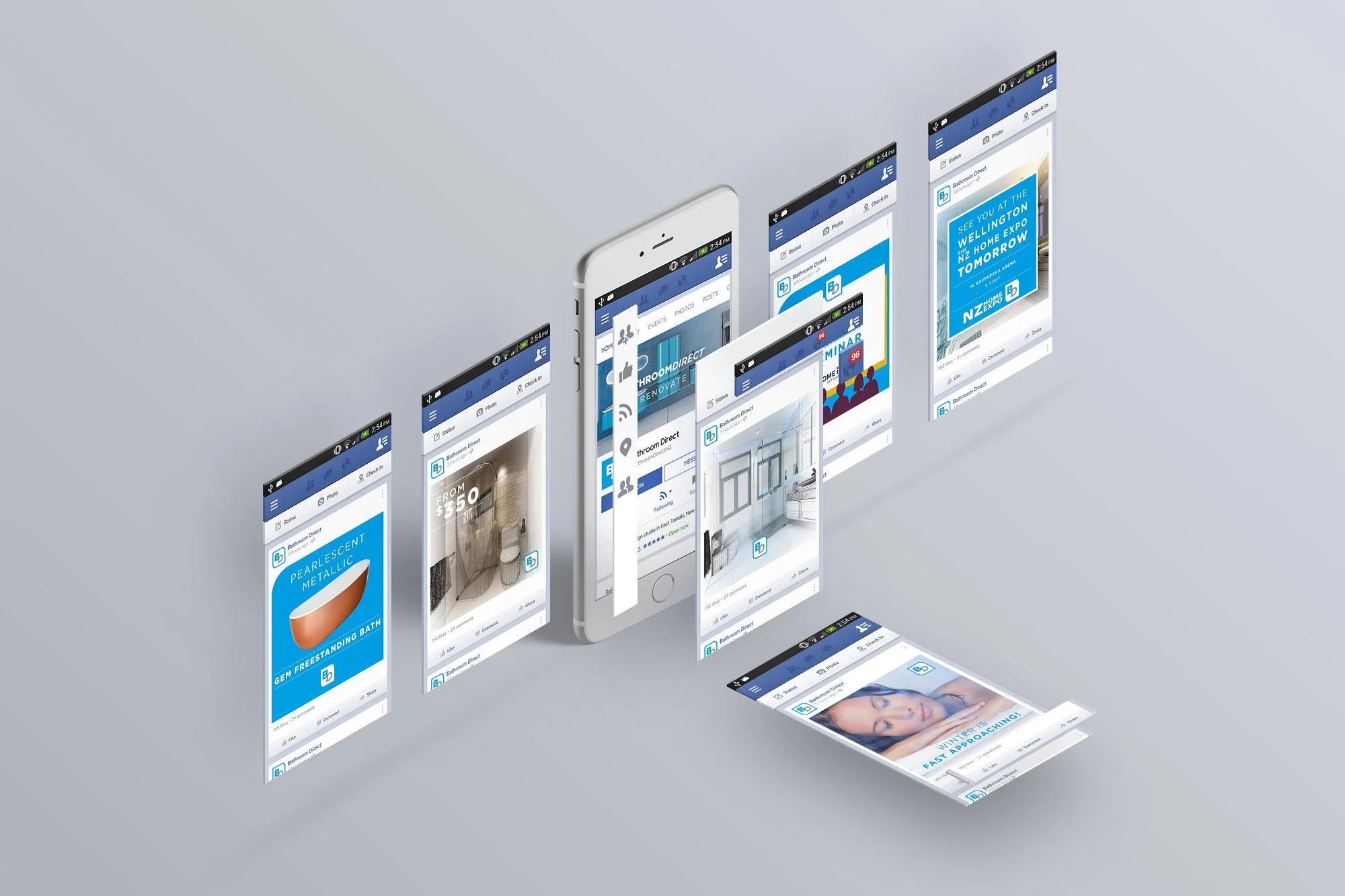 Multiple floating smartphones displaying Facebook posts and advertisements on a light gray background.