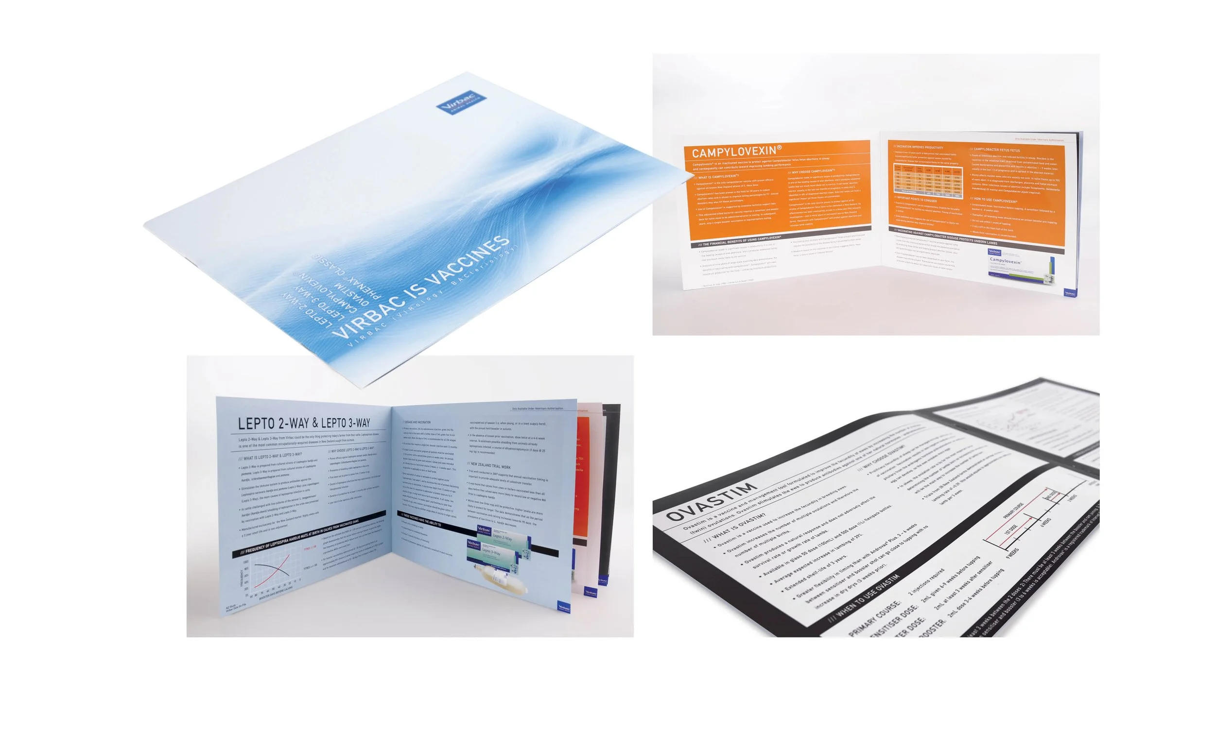 Collection of open and folded Virbac medical brochures and leaflets on various health topics, with bright-coloured headers and detailed text.
