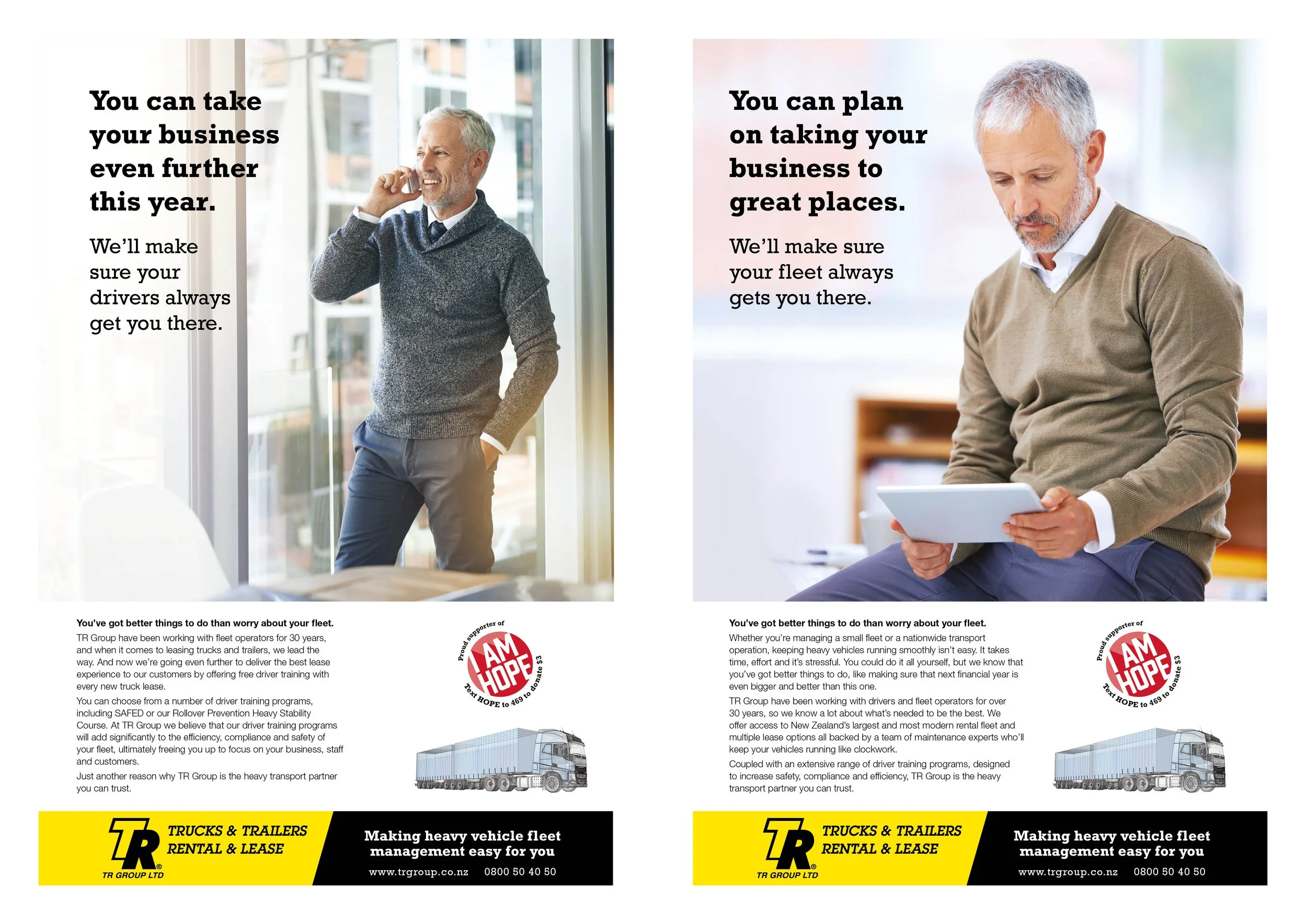 Typography-based advertisement for TR Group Ltd, a truck and trailer rental and lease service, featuring images of two mature men in business attire, one talking on the phone and the other using a tablet, with a truck image at the bottom and a yellow