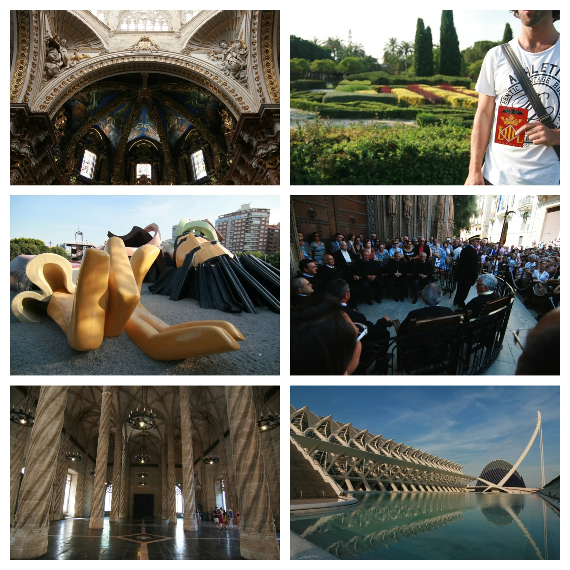 L-R. 1. Inside Valencia Cathedral 2. Turia Park 3. Children's playground inspired by Gulliver's Travels 4. Thousand year-old tribunal outside the cathedral 5. Inside the silk exchange 6. City of Arts and Sciences