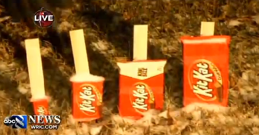 Reporter Measures Snow with Kit-Kat Bars