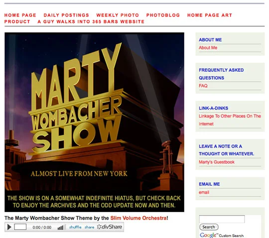 The final Marty Wombacher Show Homepage complete with artwork from "Boris" Boden.