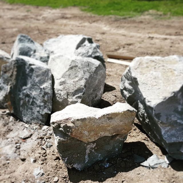 Bluestone boulders ready for the landscape. Impressive features to tie in with pool tiles. #seedlandscapedesign #brisbanelandscapedesign #bluestoneingardens