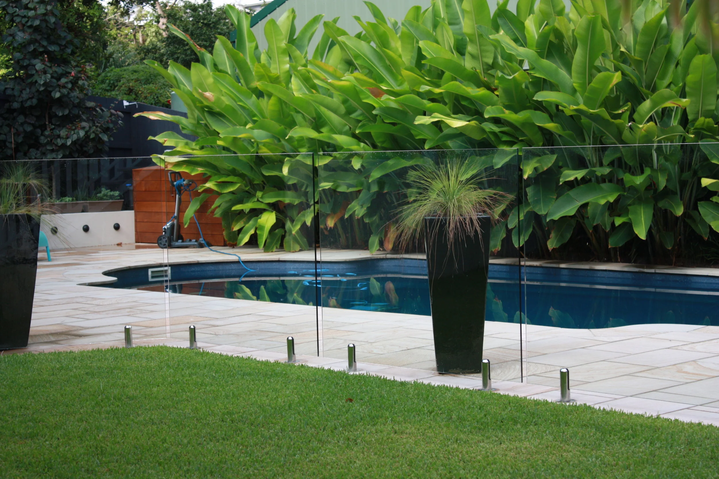 Broad-leafed plants soften the pool surrounds.