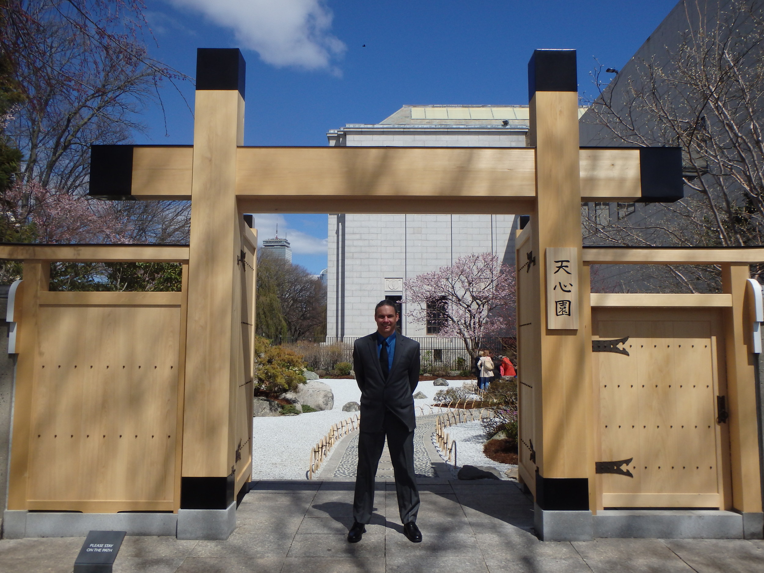 Chris in front of the newly installed Tenshin-en gate at the Museum of Fine Arts in Boston.
