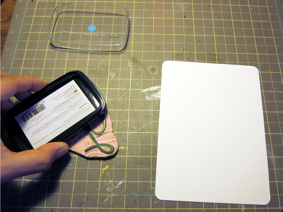 To print, I blotted a green ink pad over the block, while it was flat on my work surface...
