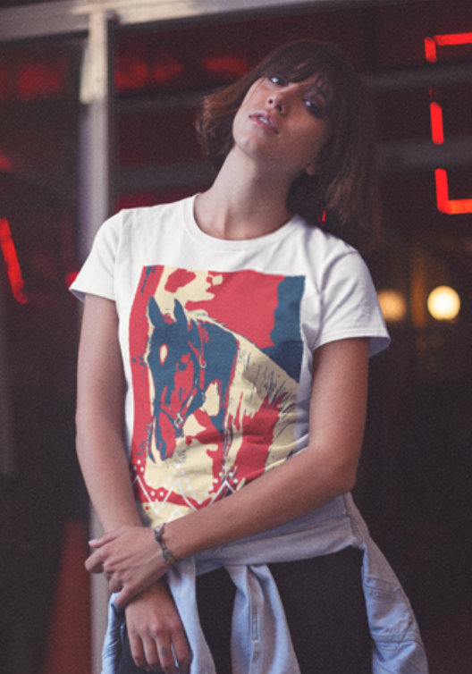 Young Woman Wearing a Round Neck Tee While Near a Closed Store with Red Lights Mockup.png