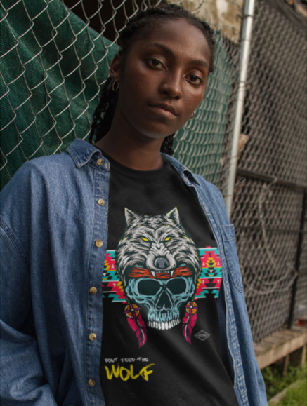 Placeit   Urban Portrait of a Black Girl Wearing a Round Neck Tee Mockup and a Denim Jacket Against a Fence.png