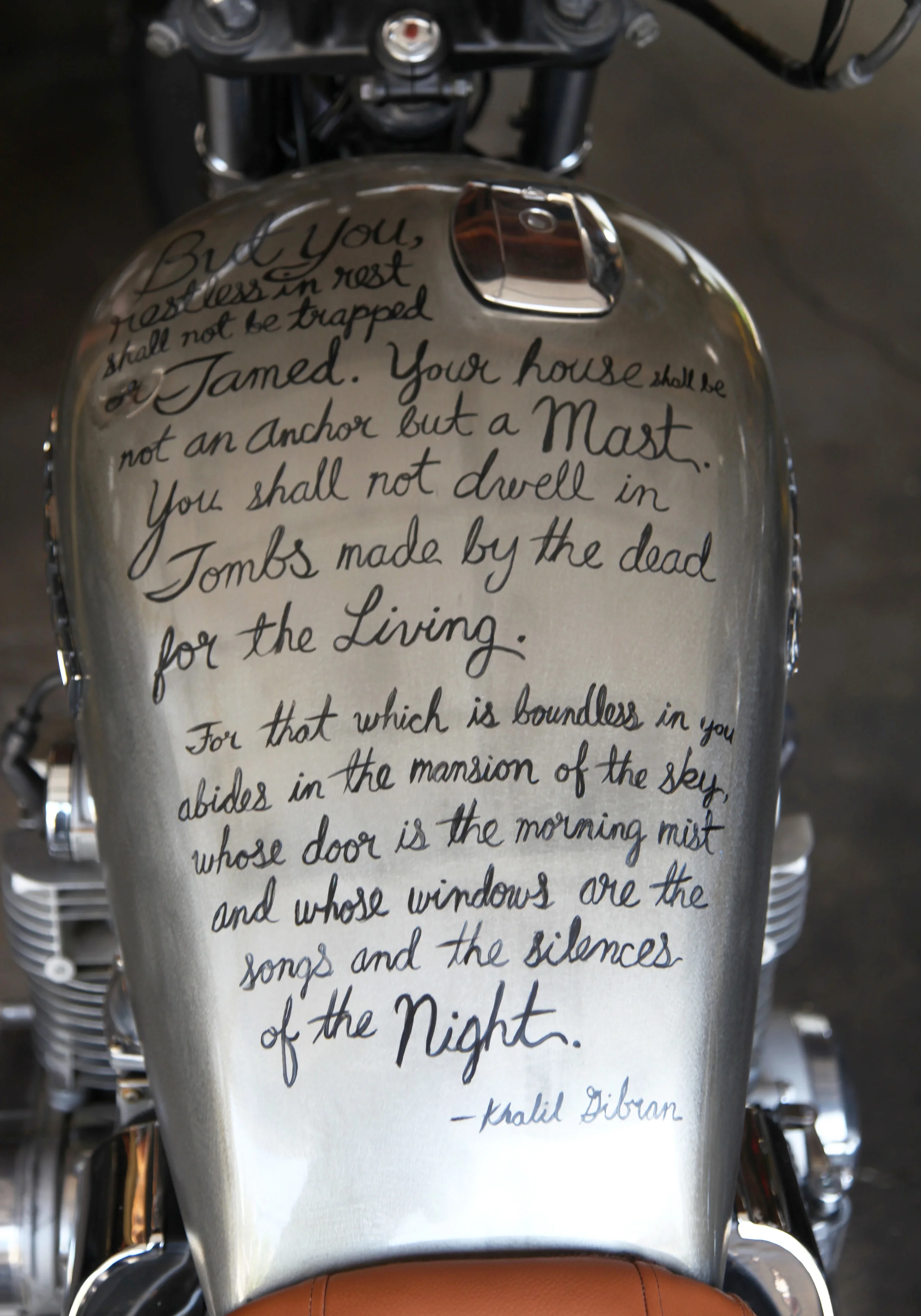 Sometimes you gotta do something different. Like scouring the gas tank and painting phrases by Kahlil Gibran to be seen as you ride by. Keep the metal raw and clear coated, and remove the vestiges of its early 1980s childhood (there were hard cases, a full fairing, even an awesome radio/cassette deck). A nice, simple build. As is typical of the GSs, it would start out a bit cold-blooded, but boy did Kahlil rip when he got going! I kind of miss The Bull as I came to call it, but it's got a great home up in Green Bay — tearing up the highway “Up North”.
