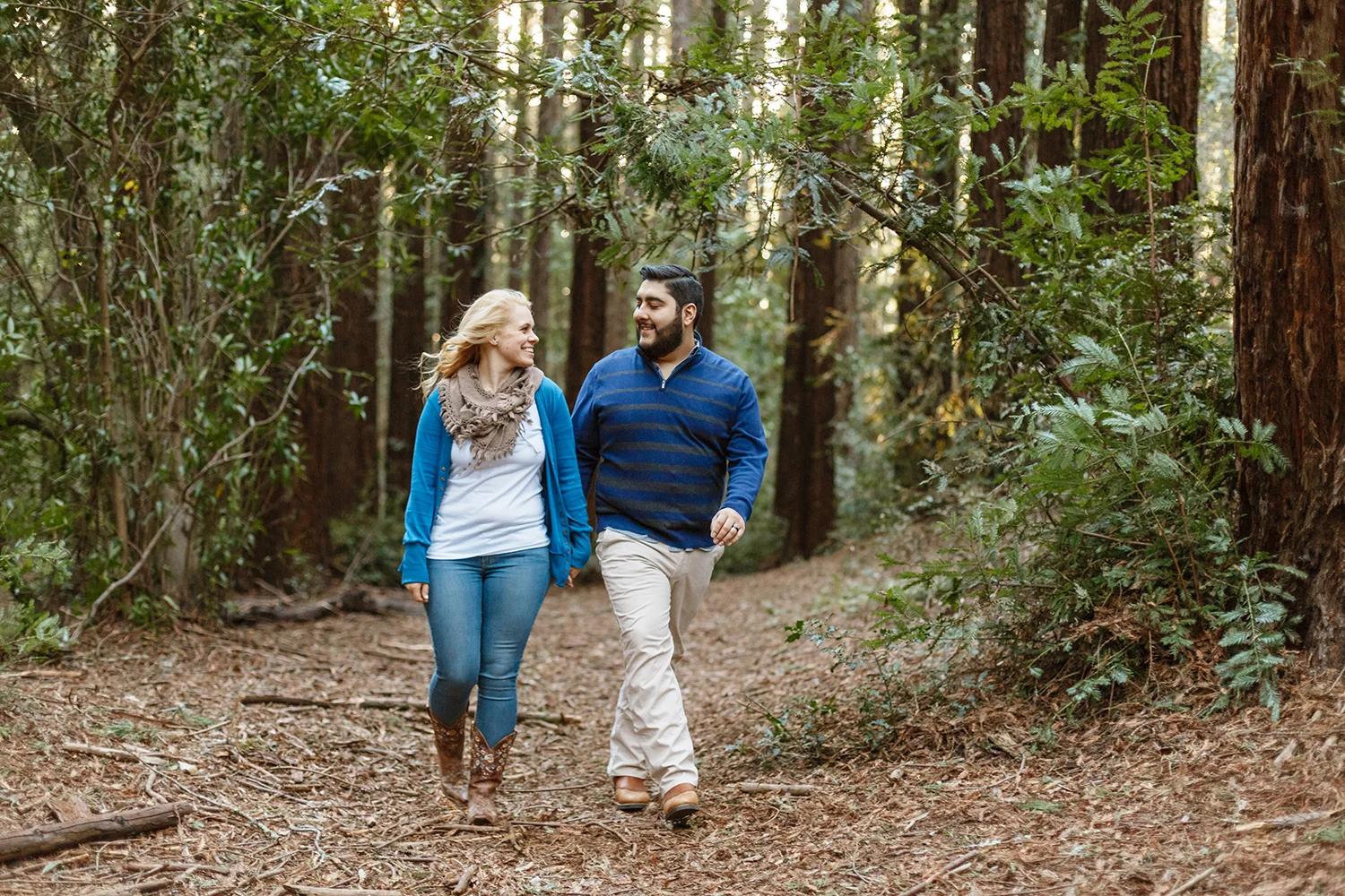 Couple’s engagement session in the redwoods in Oakland California.