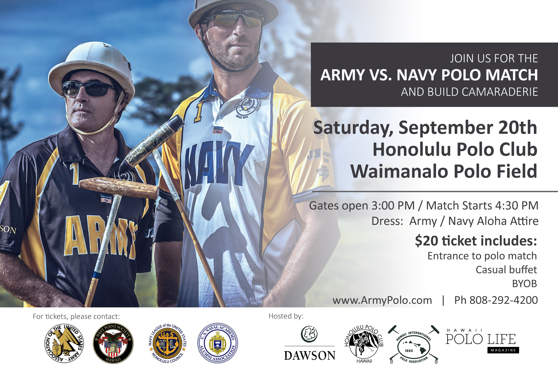This fantastic day will be a PRIVATE event, please get your tickets ahead through one of the organizations. Check www.ArmyPolo.org for more details. Please come to support polo and the military men and women!