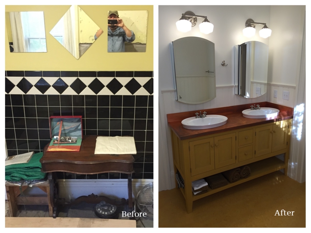  JFB designed and built this custom vanity with copper counter. The clients chose a bold mustard milk paint finish to match the character of their home. 