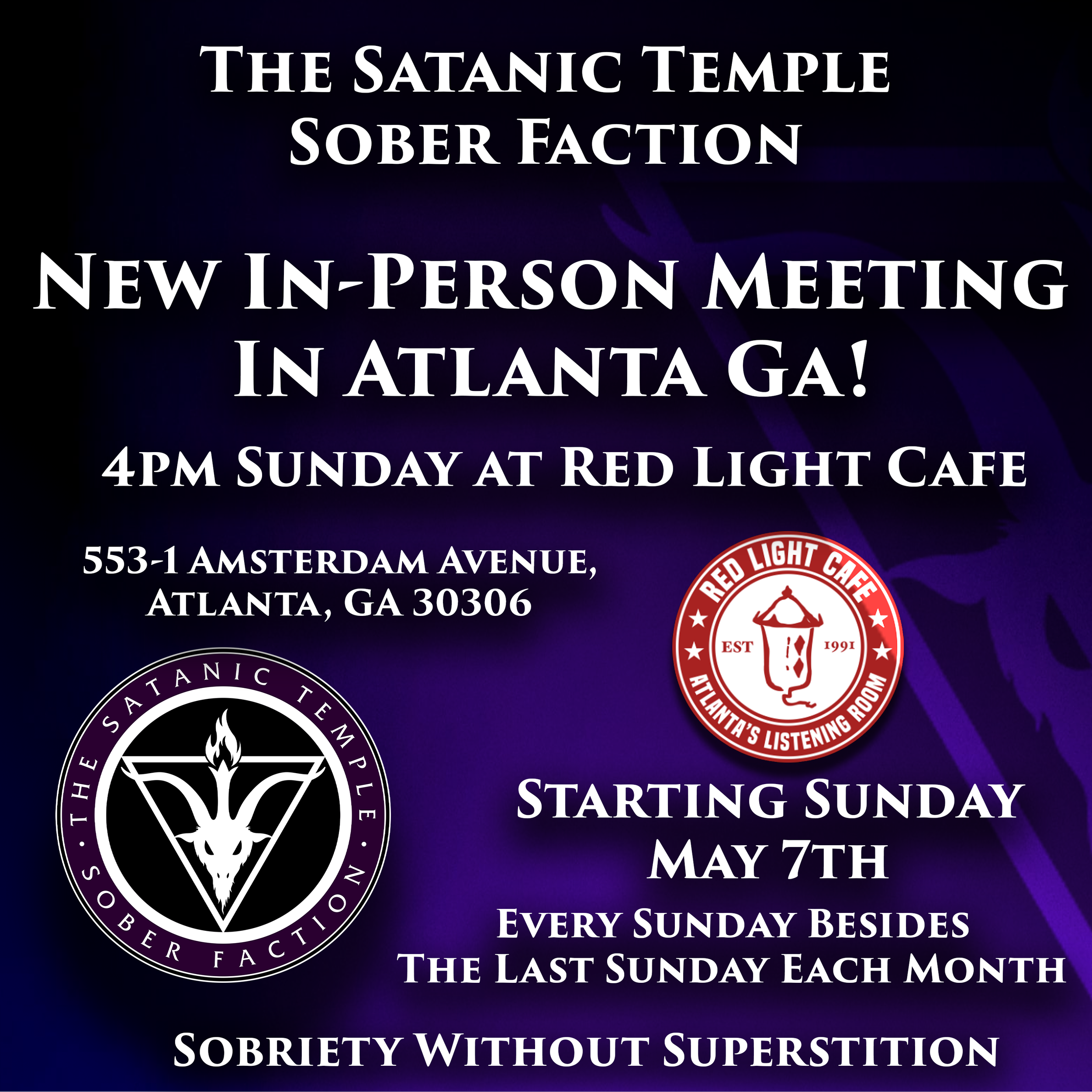 The Satanic Temple Sober Faction Meeting — Most Sundays @ 4 PM — Red Light Café, Atlanta, GA (Copy) (Copy) (Copy)