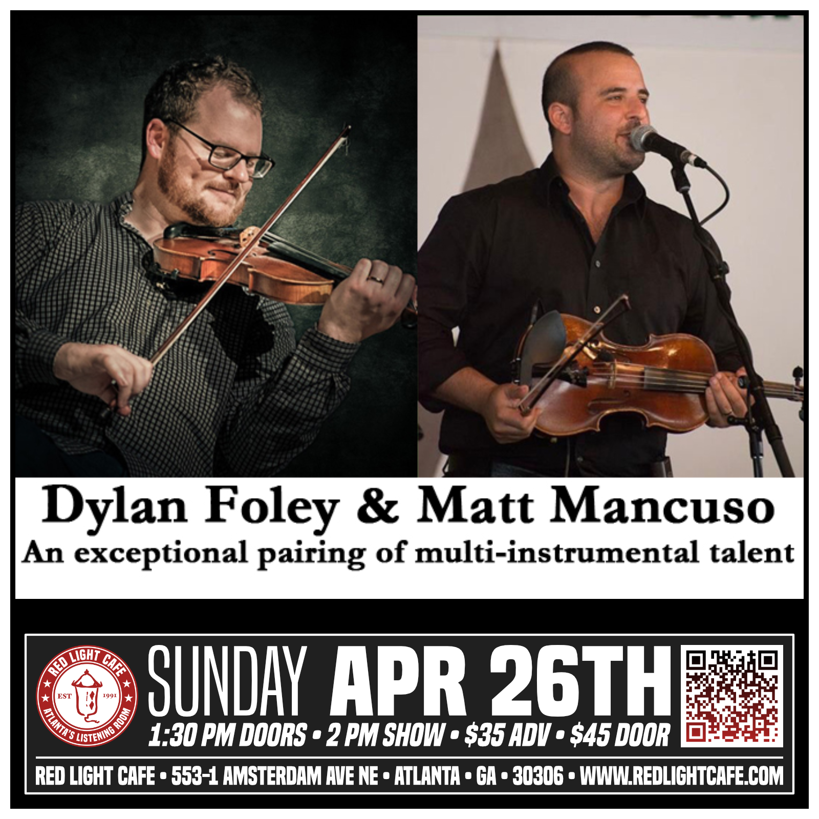 Traditional Irish Music with Dylan Foley and Matt Mancuso (2 PM SHOW) — April 12, 2026 — Red Light Café, Atlanta, GA