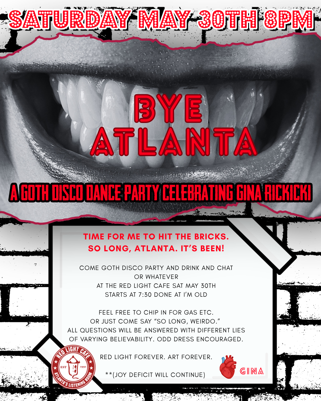 Goth Disco Dance Party Celebrating Gina Rickicki&nbsp;— May 30, 2026 — Red Light Café, Atlanta, GA