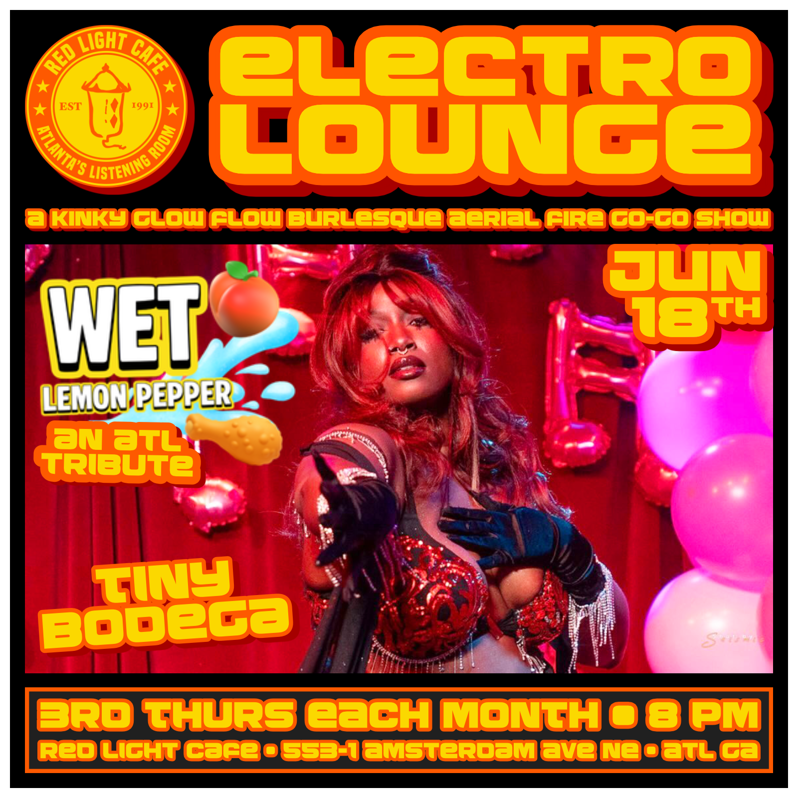 ELECTRO LOUNGE: A Kinky Glow Flow Burlesque Aerial Fire Go-Go Show! — 3rd Thursday Each Month — Red Light Café, Atlanta, GA