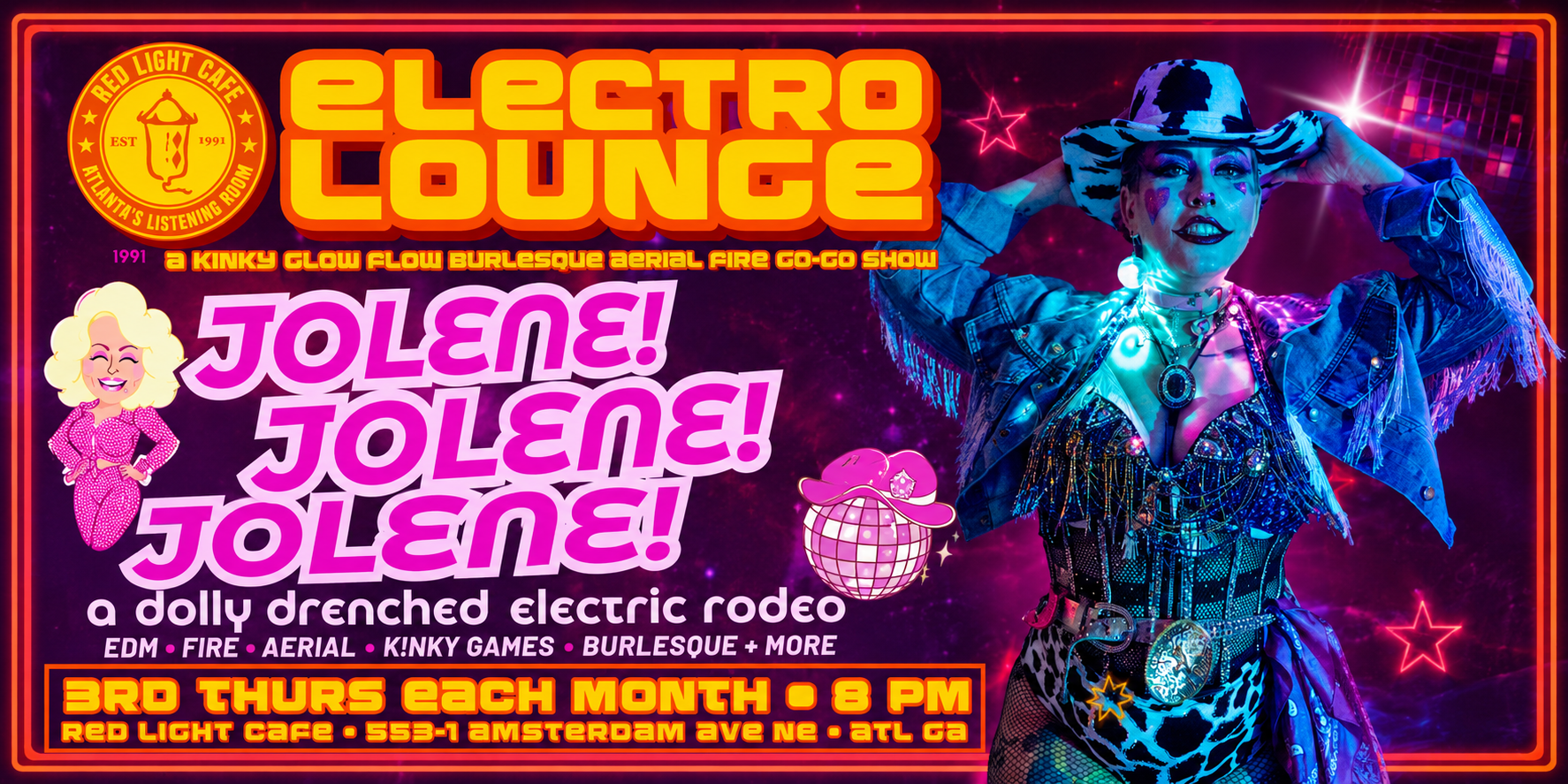 ELECTRO LOUNGE: A Kinky Glow Flow Burlesque Aerial Fire Go-Go Show! — 3rd Thursday Each Month — Red Light Café, Atlanta, GA