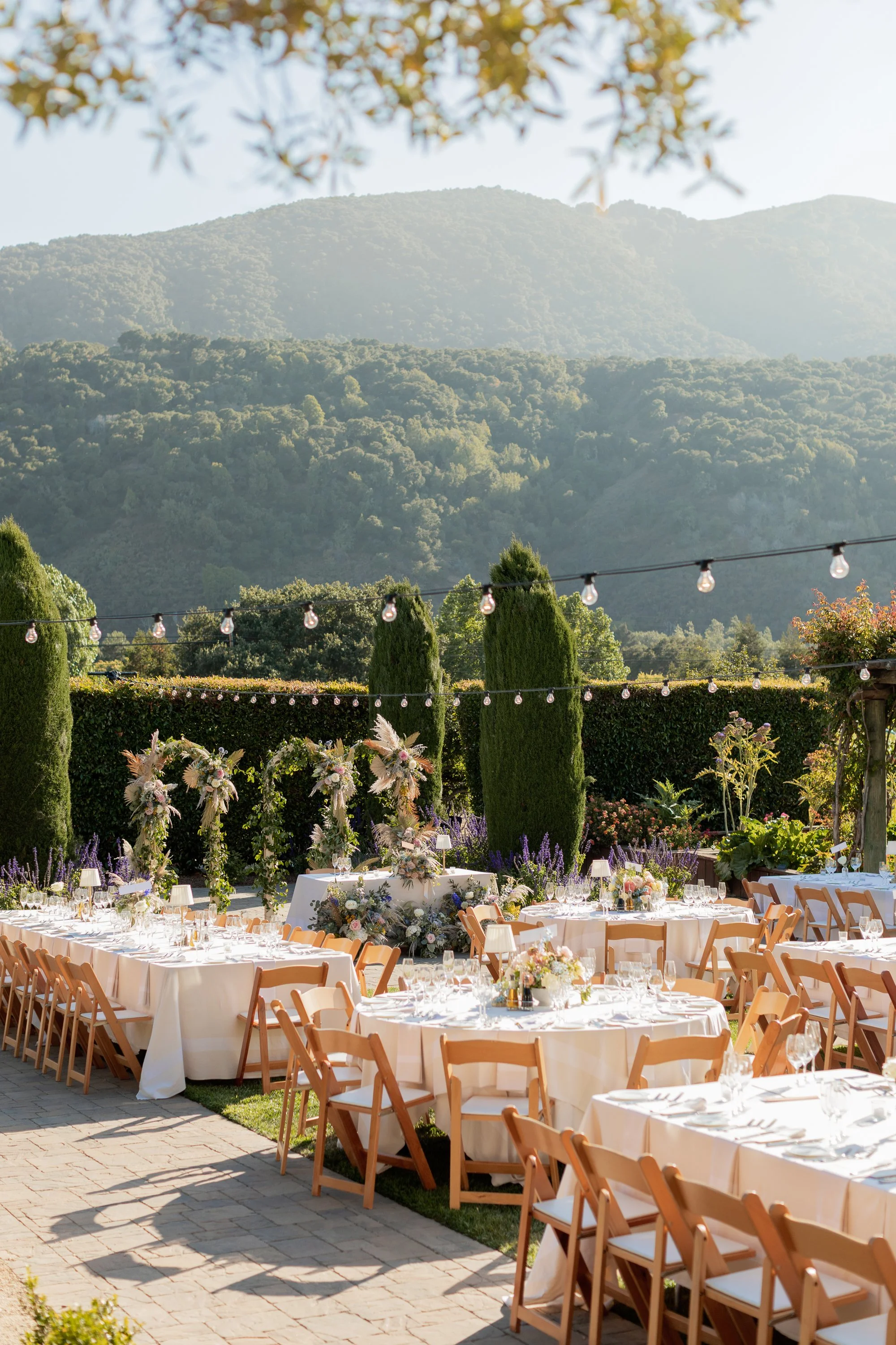 wedding reception tables in rose garden at bernardus lodge
