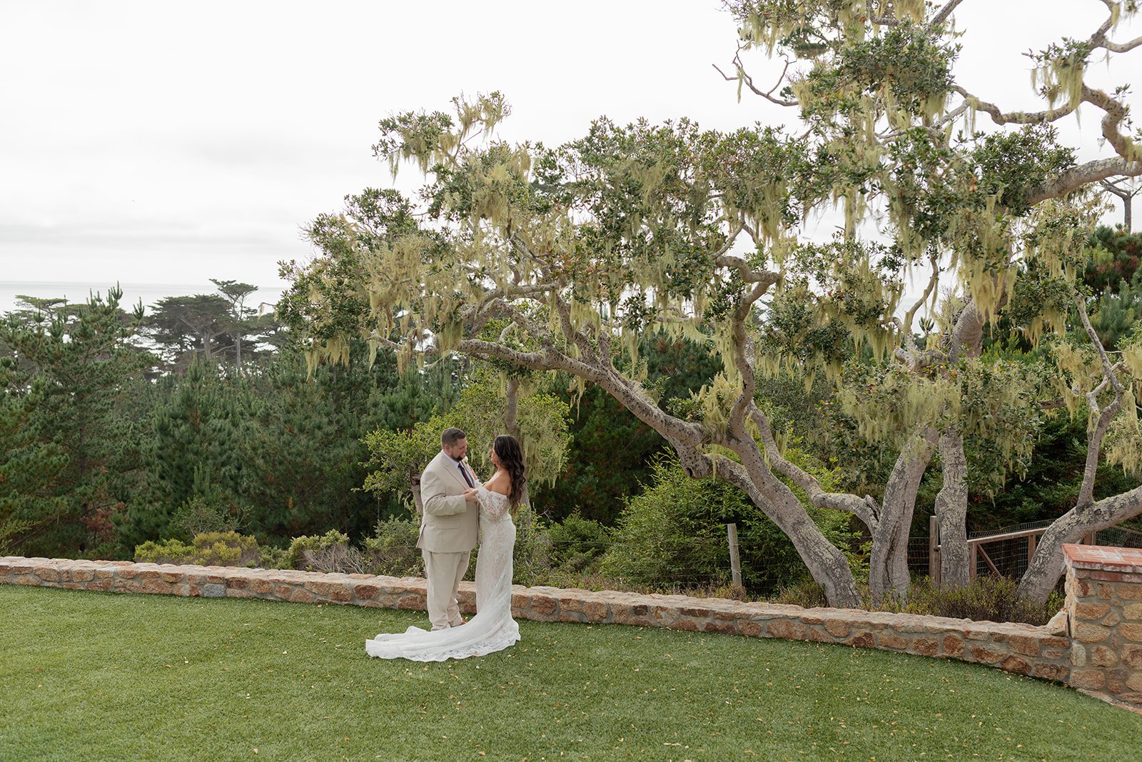 A bride and groom standing on a grassy area, holding hands, under a large tree with draping Spanish moss, with a backdrop of green bushes and trees.