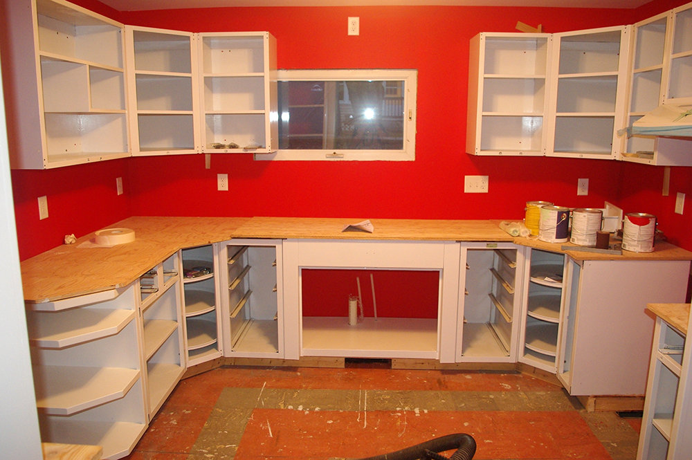Here is a view of the entire kitchen, including the shelf. You can see how the angle of the shelf matches the angle of those corner lazy Susan cabinets.