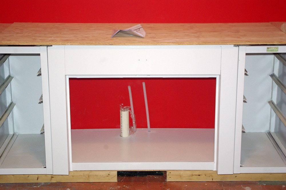 The refinished Youngstown sink base front. Doors will be hung later.