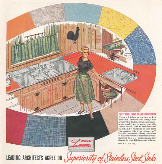 This ad from the 50s shows a double sink version of the sink we bought. This sink also has an integrated backsplash which ours does not have.