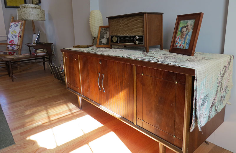 Mid-century cedar chest makes a great sideboard. The 1960s radio was given to me by my grandmother.