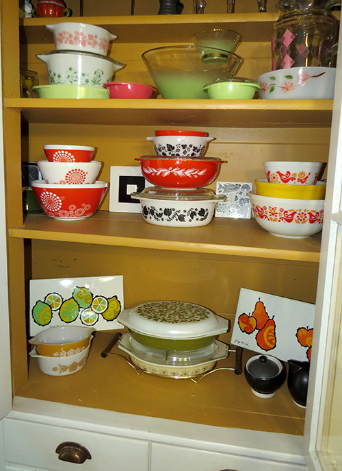 This is my china cabinet, with some of my Pyrex collection. Other pieces can be found all over my kitchen. I try to make a point to use as many pieces as possible, so that they aren't collecting dust for no reason.